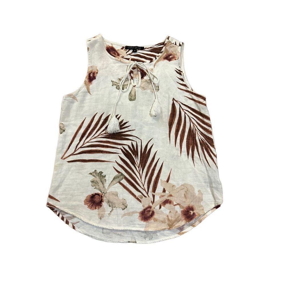 Larry Levine cream brown floral Linen Blend sleeveless‎ blouse sz small